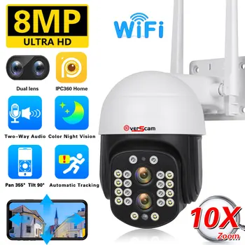 8MP 4K WiFi 10X PTZ-Зум С Двойным Объективом, Экранная Камера видеонаблюдения, Цветное Ночное Видение, Автоматическое Отслеживание Домашних Камер, Поворот на 360