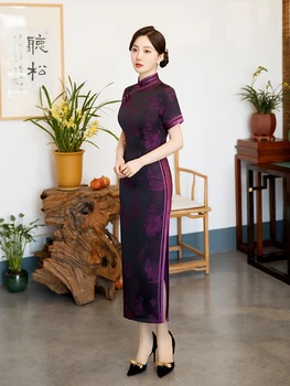 Yourqipao Летнее Шелковое Фиолетовое Ципао для Подиума, Банкета, Ципао в Китайском Традиционном Стиле, Вечернее Свадебное Платье для Женщин-матерей