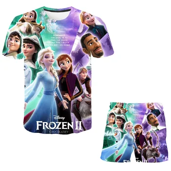 2 шт./костюм для маленьких девочек Frozen, 2 Футболки с короткими рукавами + Короткие штаны, Повседневные комплекты принцессы Эльзы и Анны с героями мультфильмов, Летние костюмы, наряды