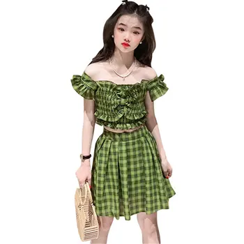 Модные комплекты одежды в зеленую клетку для девочек, топ с открытыми плечами + юбка, Летние новинки, Корея, двойка, Подростковые горячие предложения, наряды