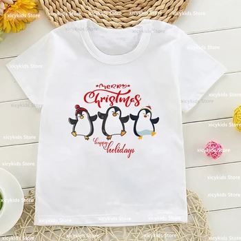 Милая Рождественская футболка с изображением Пингвина, Рождественской елки и Графическим принтом Для мальчиков, Детская Новогодняя одежда 2024 Года, Рождественская футболка Kawaii Для девочек, Топ