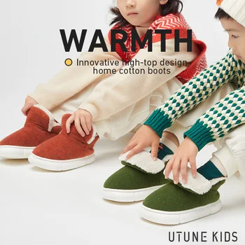 Детские Зимние ботинки UTUNE для девочек, Теплая плюшевая домашняя обувь Для Детей, Войлочные Однотонные ботинки из ЭВА на платформе для Мальчиков, Нескользящая Уличная Обувь