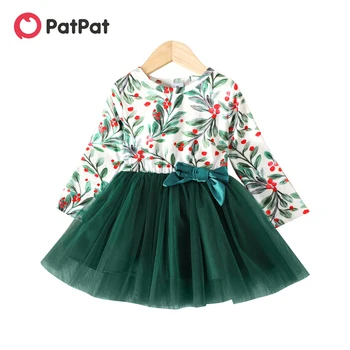 PatPat для маленьких девочек, 3D дизайн с бантом, цветочный принт, сетчатое платье с длинными рукавами