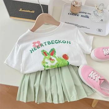 Одежда для девочек, костюм принцессы из 2 предметов, Летние комплекты для новорожденных, милая футболка + юбка для колледжа