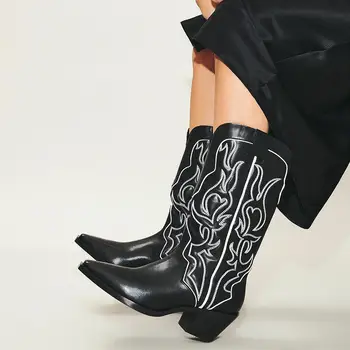 2023 Осенние женские сапоги с вышивкой, Черные ковбойские сапоги в западном стиле на массивном каблуке до середины икры, Модные классические ковбойские сапоги в стиле ретро