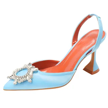 модные пикантные женские туфли-лодочки, шелковые туфли на высоком тонком каблуке 8 см, с острым носком и ремешком с пряжкой, женская летняя обувь, небесно-голубого цвета