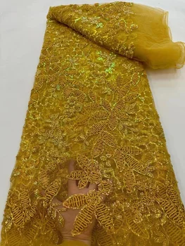 Золотая Кружевная ткань, Нигерийская Ткань из бисера, Роскошная с Жемчугом, Африканская Кружевная ткань для Свадебной вечеринки, Свадебные кружевные ткани 2023 5 ярдов