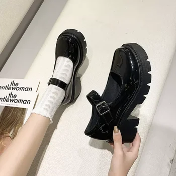 Обувь для японских девушек на платформе, черные туфли на высоком каблуке, модные женские туфли Mary Jane с круглым носком из лакированной искусственной кожи, студенческая обувь для косплея