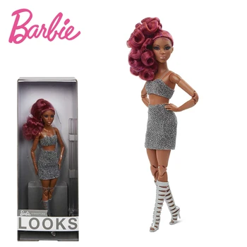 Барби Фирменная Кукла Barbie Looks Миниатюрная Рыжеволосая Полностью Подходящая Модная Кукла В Блестящем Укороченном Топе и Юбке, Экшн-Игрушка в подарок