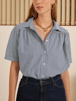 Французская Новая Женская рубашка в клетку с короткими рукавами 2023, летняя универсальная женская однобортная блузка с отложным воротником, Темпераментная