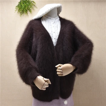 женские модные теплые кашемировые кардиганы из ворсистой норки, вязаные кардиганы с V-образным вырезом, ангорская кроличья шерсть, куртка с длинными рукавами, пальто зима осень