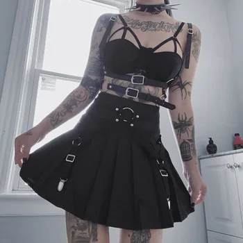 Темная плиссированная юбка в стиле киберпанк для девочек, Летняя женская уличная одежда в готическом стиле с высокой талией, сексуальные черные мини-юбки с кольцом для рук, одежда в стиле панк