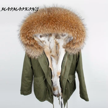 Модное женское пальто с капюшоном на подкладке из натурального кроличьего меха, мини-парки, верхняя одежда с большим воротником из меха енота, зимняя куртка