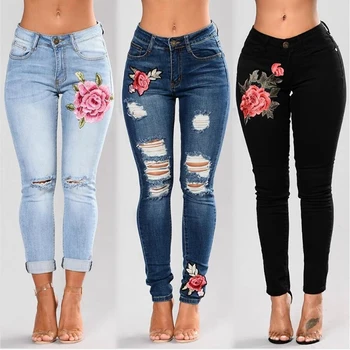 Женские узкие джинсовые брюки, стрейчевые Джинсы с вышивкой Для женщин, Эластичные Джинсы с цветочным рисунком, Рваные Джинсы с рисунком розы