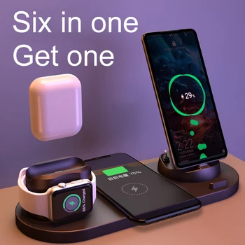 Беспроводное зарядное устройство Док-станция 6 в 1 для iPhone Apple Watch Airpods Pro 10 Вт с функцией быстрой зарядки Для телефонов Android/Type-C USB