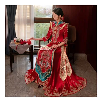 Yourqipao, тяжелые бусины, Китайская одежда Xiuhe, Свадебное платье 2023, Красно-зеленые Платья для свадебных вечеринок, вечерние платья для свадебных церемоний