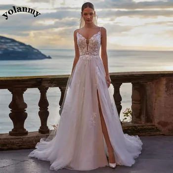 Классические Свадебные платья YOLANMY Трапециевидной формы с высоким Разрезом, на тонких бретельках, Свадебное платье Vestidos De Novia, индивидуальное для женщин