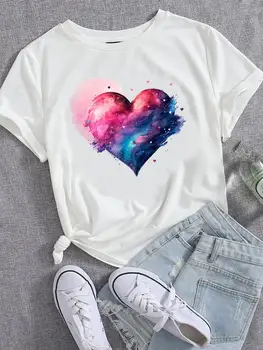Милая акварельная одежда Love Heart, Женская футболка, Модная повседневная футболка с коротким рукавом, Женская верхняя одежда с принтом, графические футболки