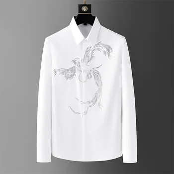 Высококачественная рубашка со стразами для мужчин, осенние повседневные рубашки с длинным рукавом 2023, Модные деловые вечерние рубашки