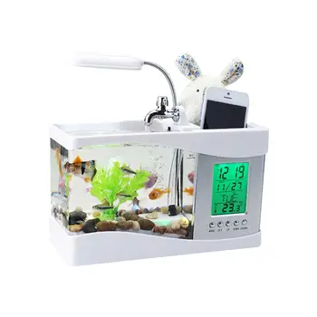 USB Настольный аквариум для рыб со светодиодной подсветкой, Держатель ручки, Будильник, Украшение офиса