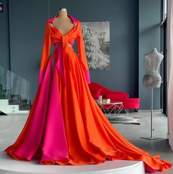 Оранжевые платья для выпускного вечера от Кутюр, Трапециевидный V-образный вырез, Длинные рукава, Саудовская Аравия, Дубай, Вечернее платье для вечеринки, платье