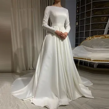 Элегантные Белые Атласные Женские Свадебные Платья с длинными рукавами на заказ 2022, Мусульманские Свадебные платья Vestidos De Novia Gelinlik