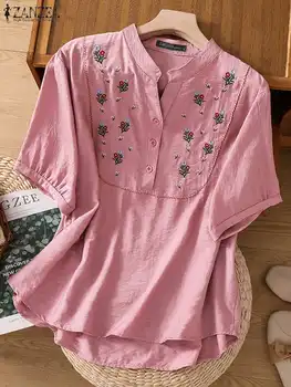 ZANZEA Vintage Holiday Blusa, Топы с коротким рукавом и вышивкой, 2023, Летняя Блузка с воротником-стойкой, Женские однотонные повседневные рубашки