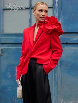 Ailigou 2023 Новая Женская мода с 3D Цветочным украшением на одной груди, Уличная мода, Красно-черный Костюм, Сексуальный Блейзер