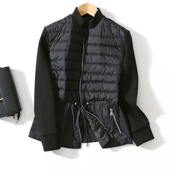 2023 осенне-зимняя новая классическая черно-белая куртка с воротником-стойкой на талии, легкая вязаная пуховая куртка в стиле пэчворк, женская куртка