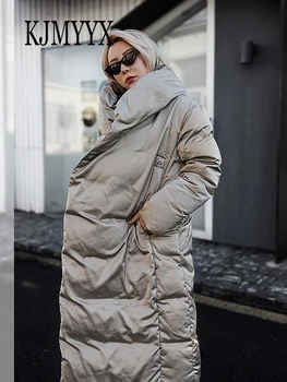 KJMYYX, большие размеры, модная ткань, Женское пушистое пуховое пальто Большого размера, Женская зимняя мода, толстый теплый пуховик С капюшоном, парки