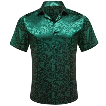 Роскошные рубашки для мужчин, летние шелковые блузки с коротким рукавом и зеленым цветком, дышащие мужские блузки, приталенные повседневные топы с лацканами Barry Wang
