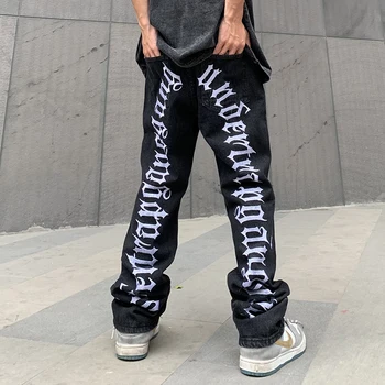 Рваные джинсы с вышивкой в стиле хип-хоп, мужские винтажные черные прямые джинсы для больших мальчиков, корейские свободные обтягивающие джинсы Harajuku