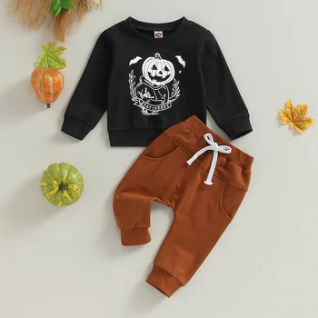 Осенне-осенняя одежда для малышей, толстовка с круглым вырезом и длинными рукавами с принтом тыквы для мальчиков + брюки, комплекты одежды для Хэллоуина