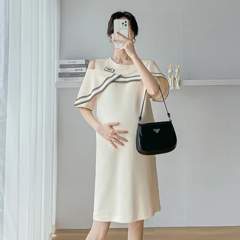 Милое повседневное платье для беременных в корейском стиле, полосатое, с оборками, в стиле пэчворк, открытое на одно плечо, платье трапециевидной формы для беременных, милое
