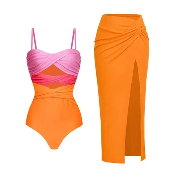 Модный пляжный цельный купальник с цветными блоками и крышкой 2023, Новый женский купальный костюм