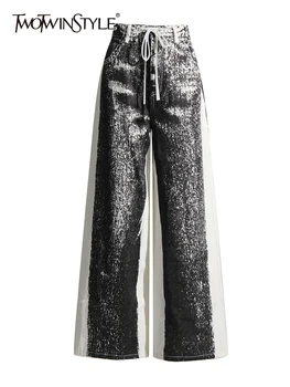 TWOTWINSTYLE, Хит Продаж, Свободные брюки с завязками в стиле пэчворк Для женщин, Высокая талия, Сращенный карман, Летние Широкие Брюки для женщин 2023