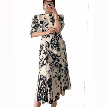 2021 весенне-летнее новое элегантное платье в стиле ретро со стоячим воротником средней длины с абстрактным леопардовым принтом, женское платье 138