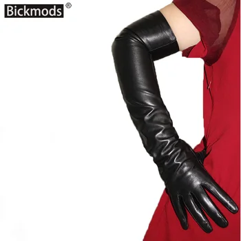 Удлиненные кожаные перчатки из овчины с сенсорным экраном, Женские Черные Модные Простые прямые Бархатные подкладки, Зимний теплый рукав