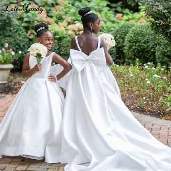 Белые свадебные платья в цветочек для девочек С соблазнительным шлейфом, Атласное платье для Первого Причастия с бантом, Африканская детская одежда