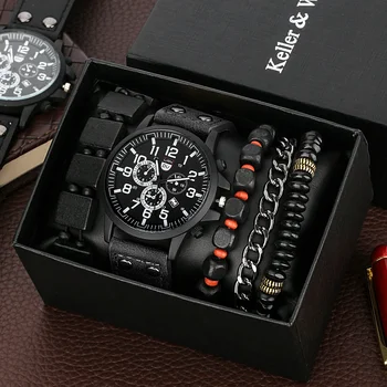 5 шт.; Мужские черные кварцевые наручные часы; Модные повседневные кожаные часы с календарем и браслетом; Набор подарков для мужчин Regalos Para Hombre