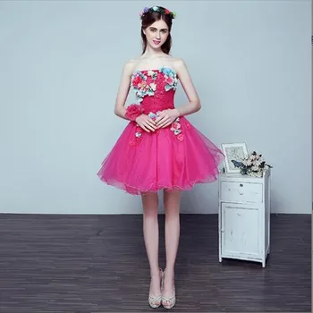 Платья для Бала без бретелек с открытой спиной, 3D аппликации, Короткое Розовое Вечернее Платье без рукавов для девочек, вечернее платье для выпускного вечера, простое