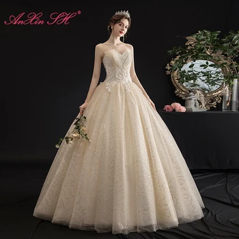 AnXin SH принцесса, кружевное свадебное платье цвета шампанского и розы, винтажное бальное платье невесты без бретелек, расшитое бисером и хрусталем, свадебное платье
