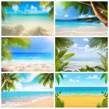 Фон для фотосъемки на пляже, Украшение тропическими листьями, Синий океан, Летние каникулы, Индивидуальный фон для фотосессии в детской домашней студии