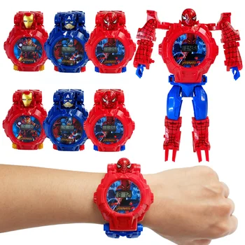 Детские часы Marvel Spiderman для мальчика, мультфильмы о железном человеке, Деформационный робот, 3d светодиодные часы, светящиеся часы, детская модель игрушки в подарок