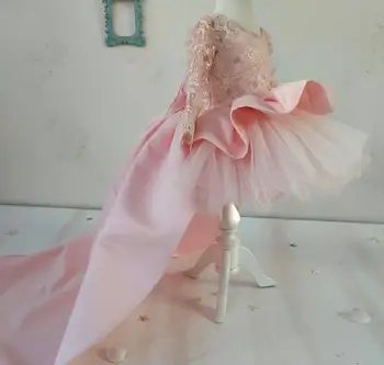 Розовое Свадебное платье с высоким и низким цветочным узором для девочек, Кружевной атласный бант, Длинные рукава, платье для вечеринки в честь Дня рождения для маленьких девочек, Рождественское платье
